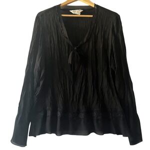 Allison Taylor Woman 1X Blouse Black Tie Front Long Sleeve Lace Trim Whimsigoth